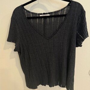 Project Social T Sheer Ribbed V-Neck Tee – Charcoal – Size Medium